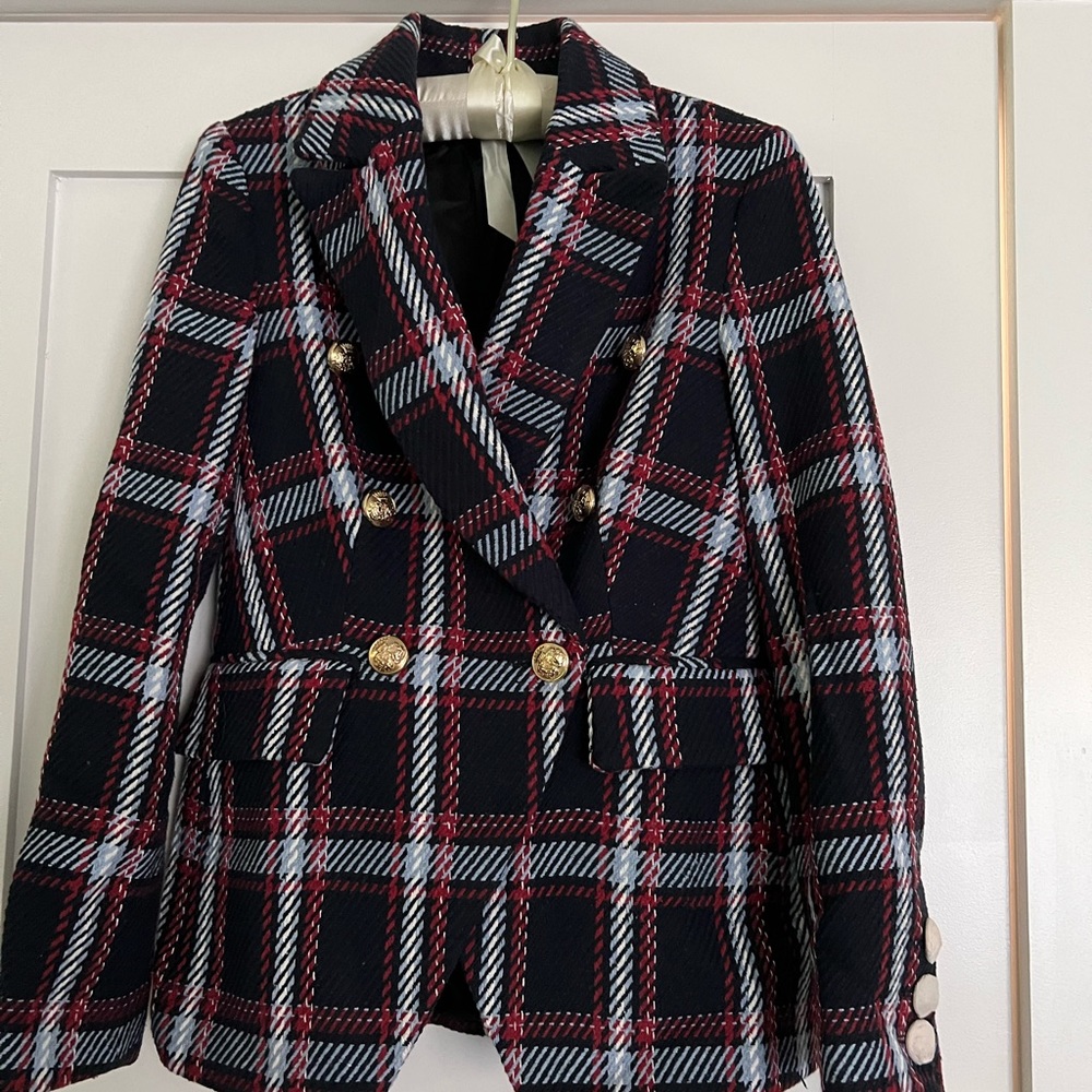 NWOT Boston Proper Navy Red White Plaid Blazer size 4